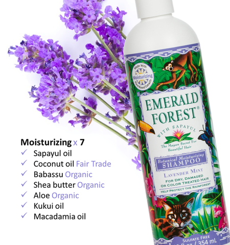 Emerald Forest Moisturizing Shampoo, Sulfate Free Shampoo, Organic shampoo ingredients, Fair Trade ingredients, Sapayul, Coconut, Babassu, Shea, Aloe, Kukui, Macadamia.